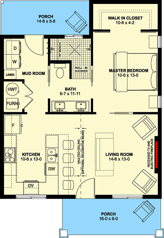 Plan 67846MG: Compact 750 Sq Ft Craftsman Cottage House Plan with Dual Porches - Floor Plan - Main Level - Cottage, Country, Craftsman