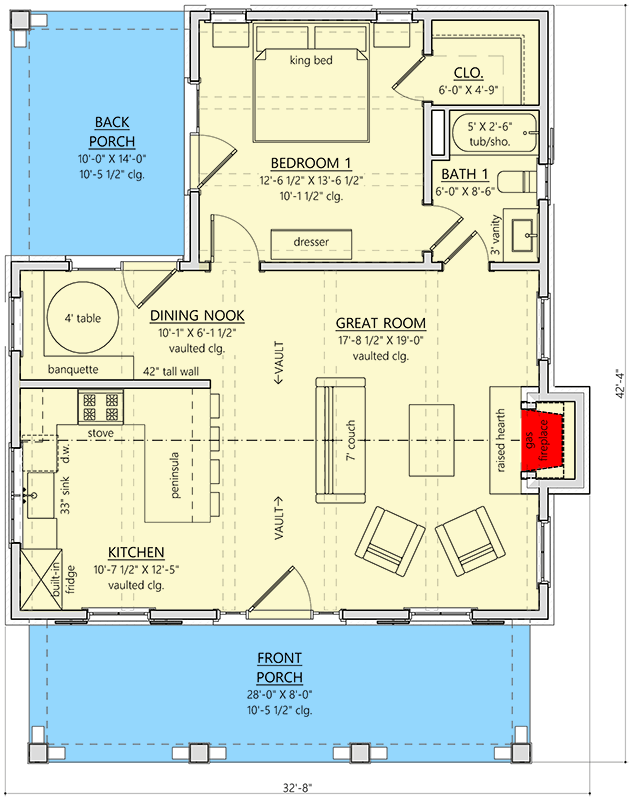 Plan 865028SHW: Charming 871 Sq Ft Modern Farmhouse House Plan with Vaulted Living - Floor Plan - Main Level - Cottage, Modern Farmhouse, New American
