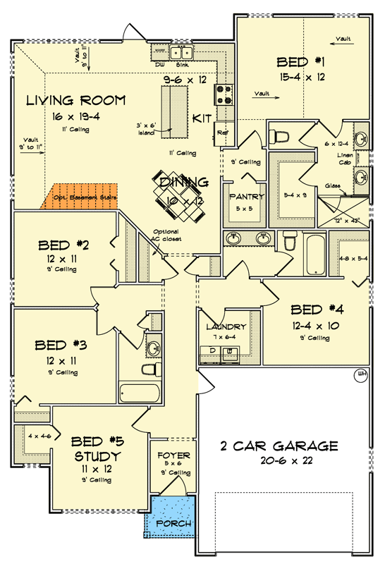 Plan 52466WM: Cottage 5-Bedroom House Plan with Vaulted Ceilings and Butler Pantry - Floor Plan - Main Level - Cottage, Traditional