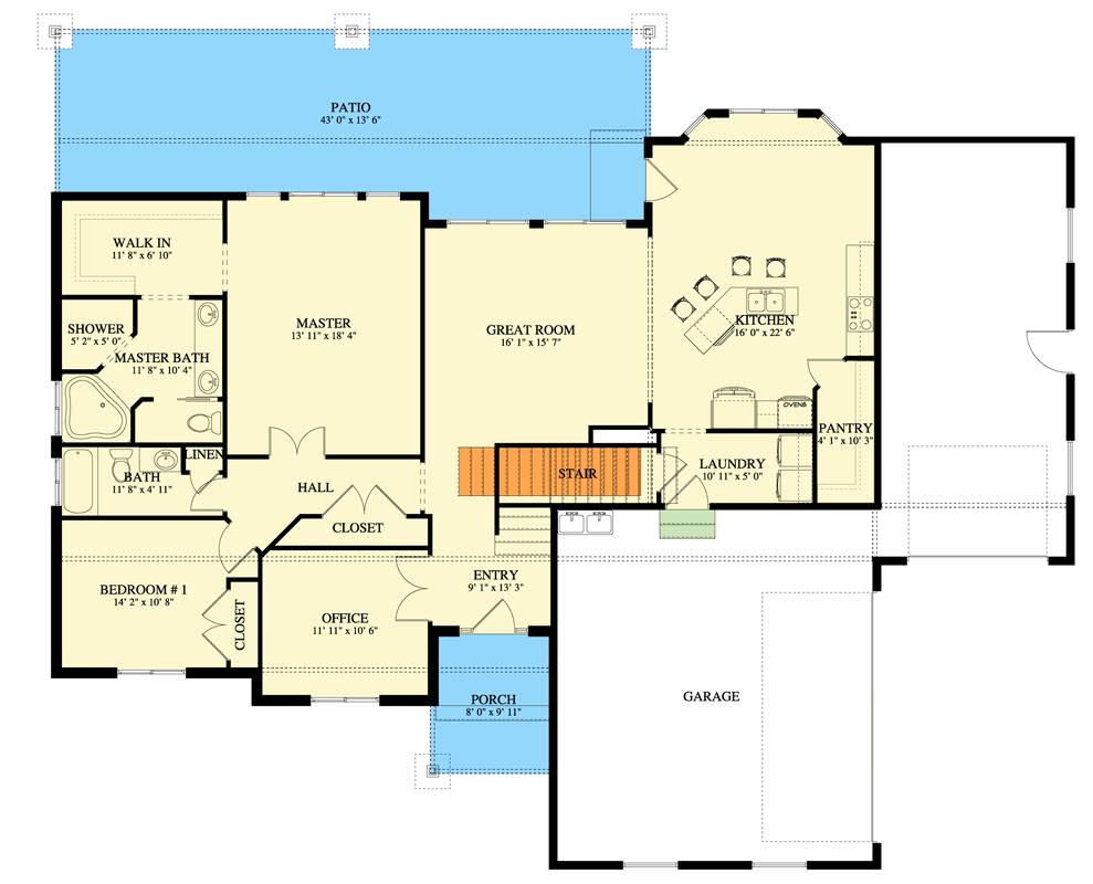 Plan 61663UT: Craftsman Ranch House Plan with 3-Car Garage and Bonus Room - Floor Plan - Main Level - Craftsman, Ranch, Traditional