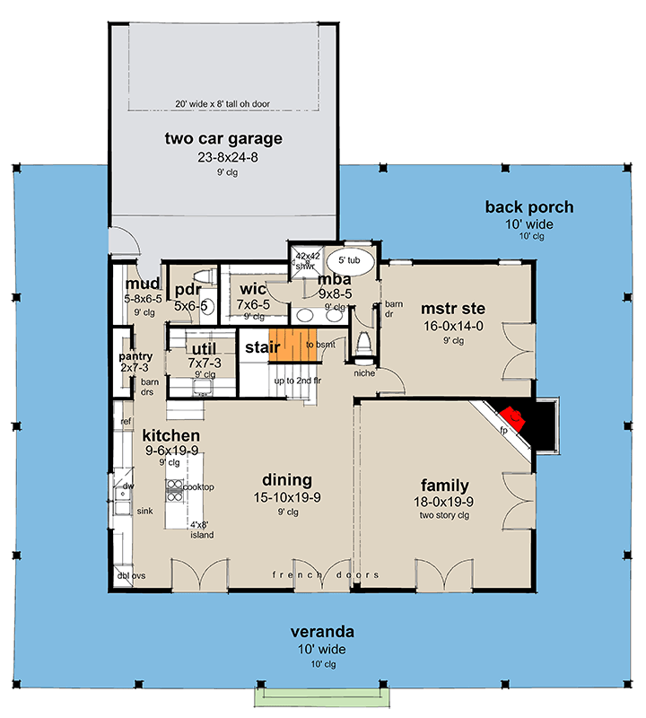 Plan 16944WG: Modern Barndominium House Plan with Wrap Around Porch and Two-Story Great Room - Floor Plan - Main Level - Barndominium