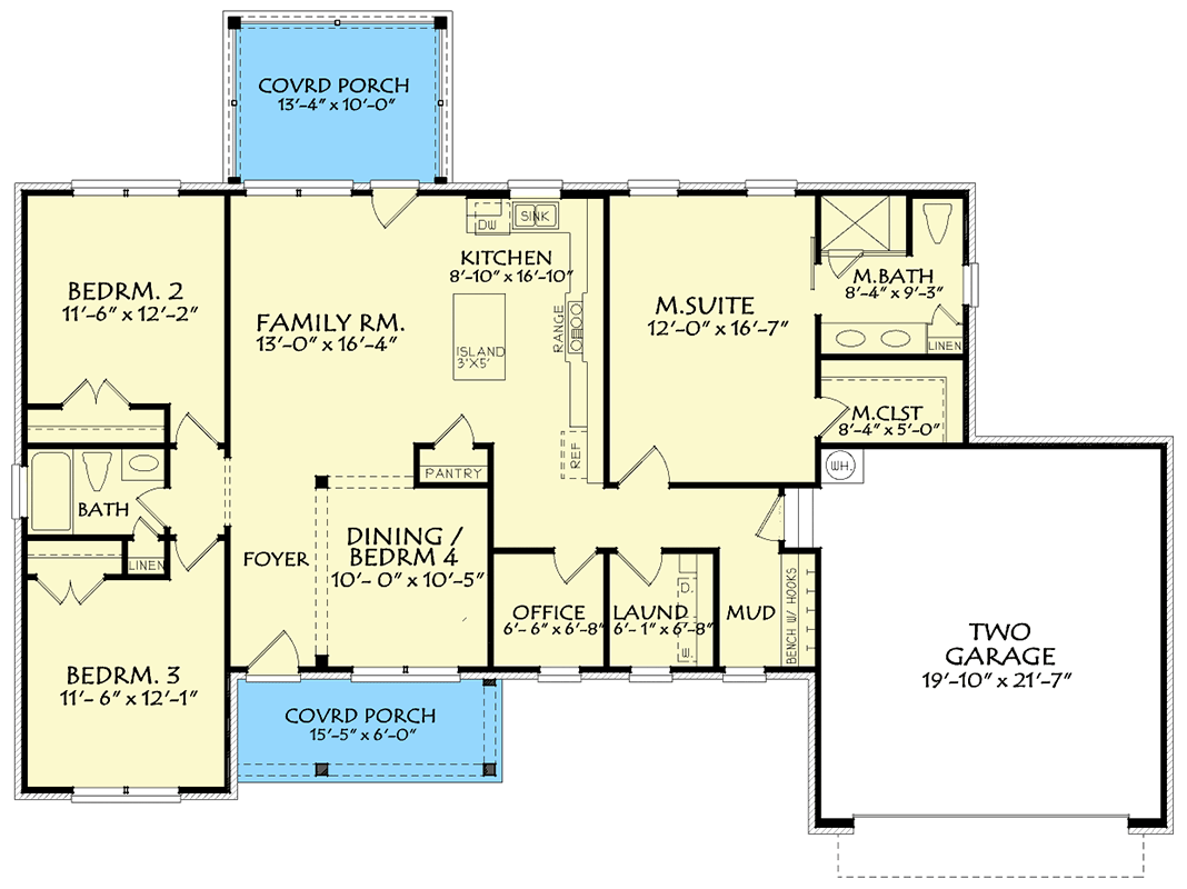 Plan 940010JNK: Versatile 3-4 Bed Ranch House Plan with Craftsman Charm and Covered Porches - Floor Plan - Main Level - Country, Craftsman, Modern Farmhouse, Ranch, Traditional