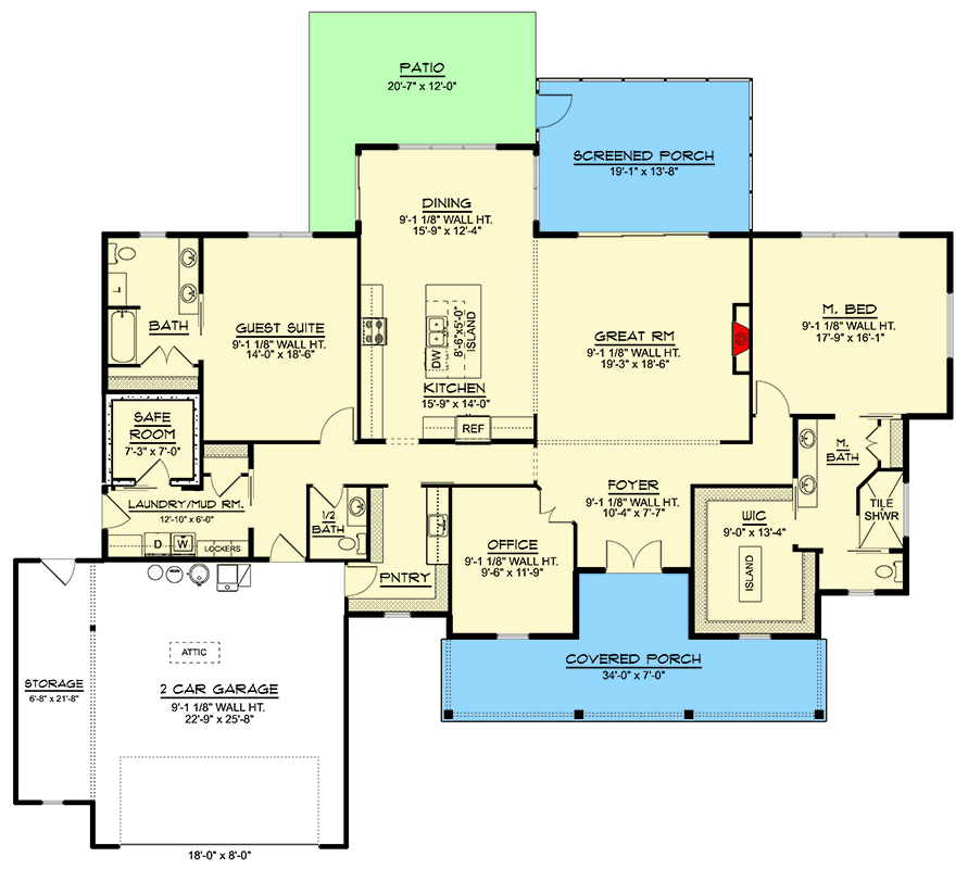 Plan 135386GRA: Modern Farmhouse Ranch House Plan with Split Beds, Office, and Safe Room - Floor Plan - Main Level - Country, Farmhouse, Modern Farmhouse, Ranch