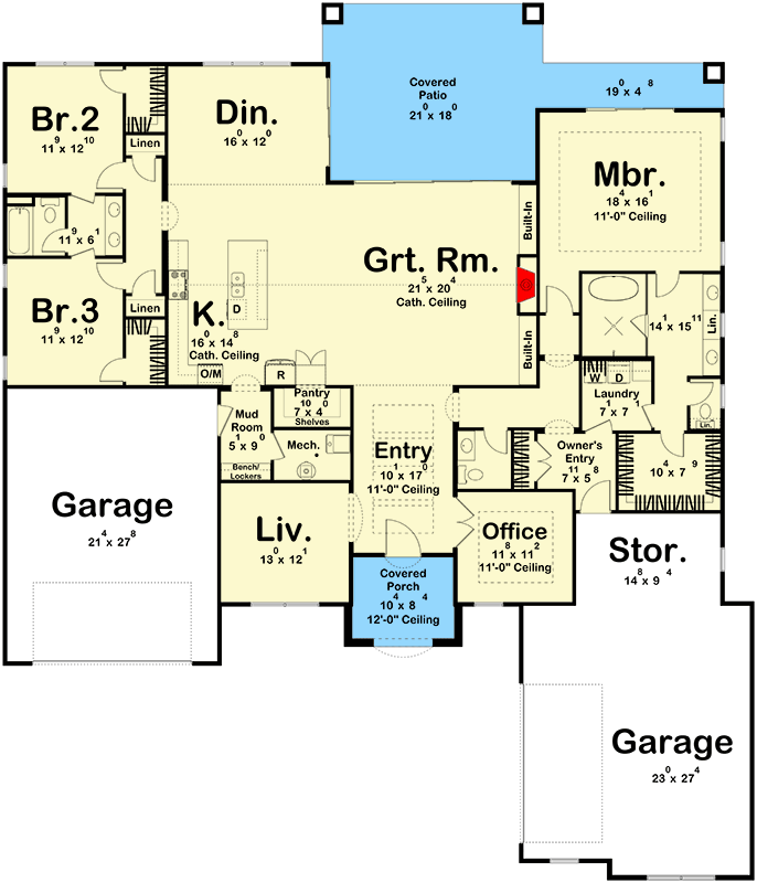 Plan 623555DJ: Expansive 3-Bed Transitional House Plan with Home Office and 4-Car Garage - Floor Plan - Main Level - European, Transitional