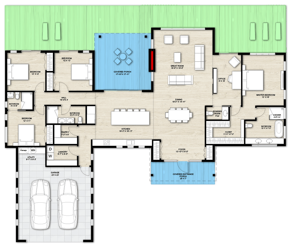 Plan 242001TRU: Stunning 4-Bed Contemporary Ranch House Plan with Spacious Family Areas and Home Office - Floor Plan - Main Level - Contemporary, Modern, Ranch, Transitional