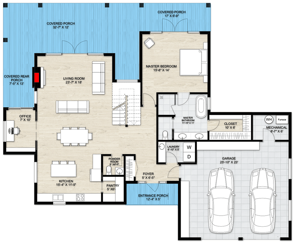 1st floor floorplan of a two-story house with a master suite, kitchen, living room, office, garage, and several porches.