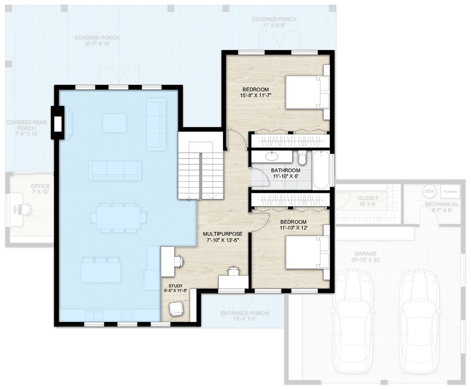 2nd floor floorplan: two bedrooms, full bathroom, multipurpose room, study, and covered porches.