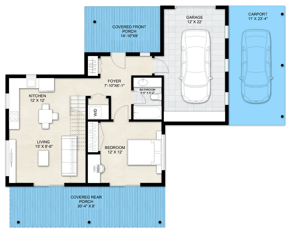 Plan 242004TRU: Cozy 2-Bedroom Modern Cottage House Plan with Vaulted Ceilings and Master Suite on 1st Floor - Floor Plan - Main Level - Cottage, Modern