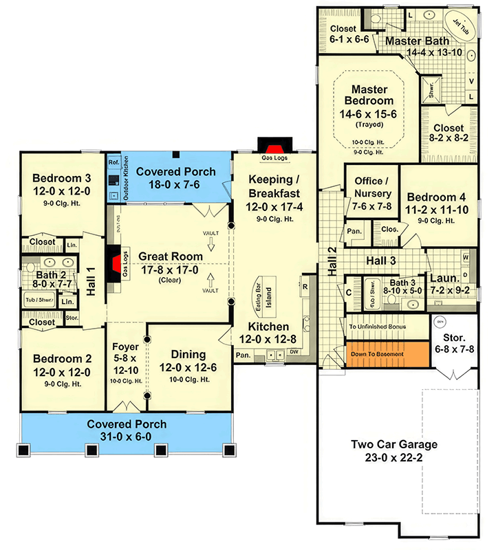 Plan 51297MM: Charming Farmhouse House Plan with 4 Beds and Expansive Porches - Floor Plan - Main Level - Country, Farmhouse, Hill Country