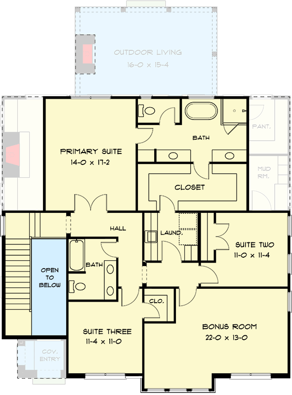 Plan 93229EL: 2751 Sq Ft Modern Tudor House Plan with Flex Room and Bonus - Floor Plan - 2nd Floor - European, French Country, New American, Tudor