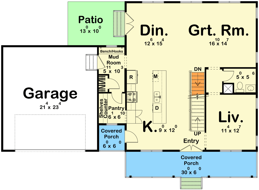 Plan 623558DJ: Charming Farmhouse House Plan with Upstairs Laundry and Butler's Pantry - Floor Plan - Main Level - Farmhouse