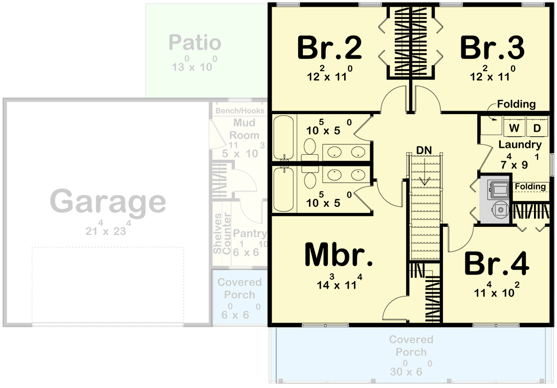 Plan 623558DJ: Charming Farmhouse House Plan with Upstairs Laundry and Butler's Pantry - Floor Plan - Second Level - Slab/Crawl Option ($ Paid Option) - Farmhouse