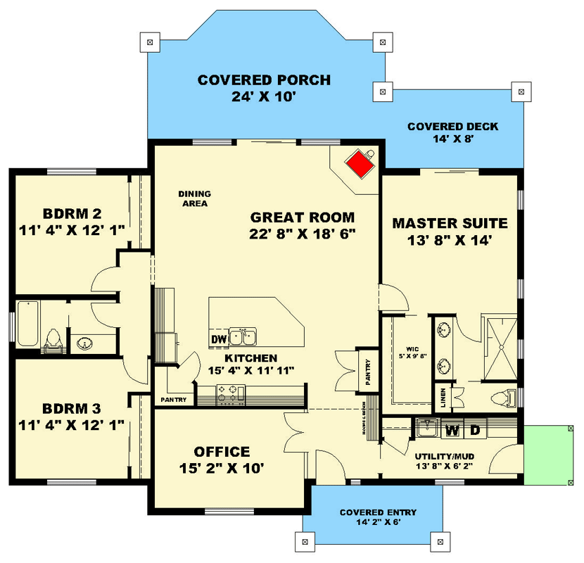 Plan 350151GH: Ranch House Plan with Dedicated Home Office and Covered Porch - Floor Plan - Main Level - Ranch, Traditional