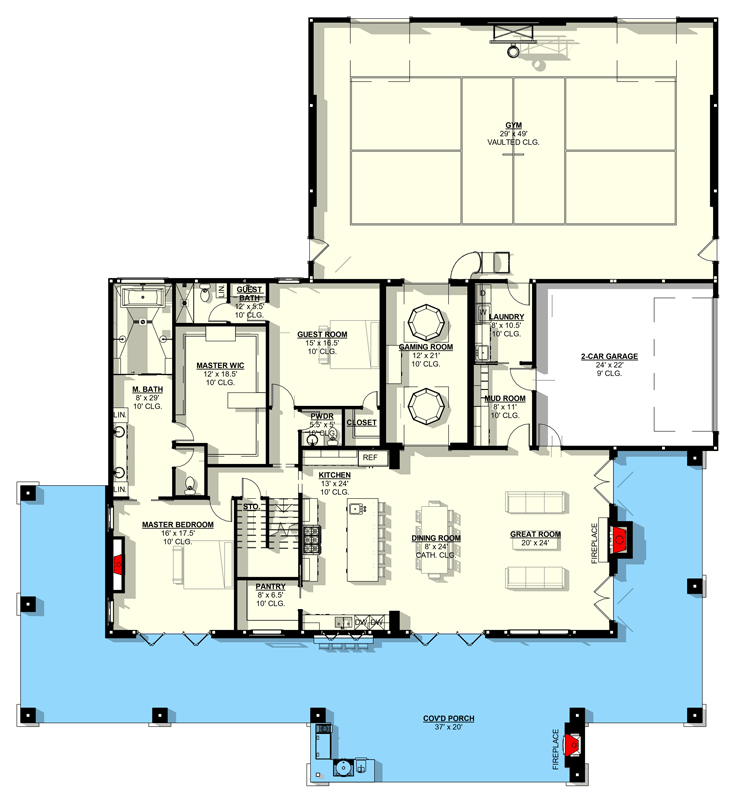 Plan 405045FDC: Luxurious Mountain Retreat with Expansive Sport Court and Wrap-Around Porch - Floor Plan - Main Level - Modern Farmhouse, Mountain, Rustic