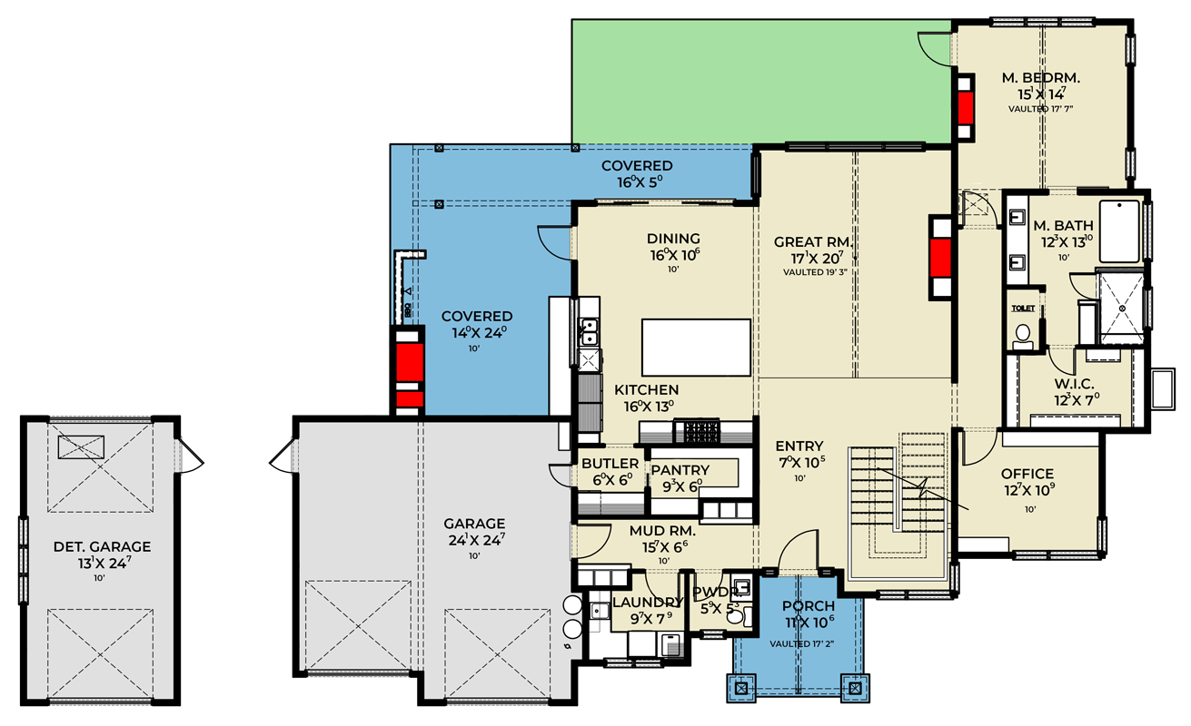 Plan 280249JWD: Northwest Cabin House Plan with First-Floor Master and Bonus Room - Floor Plan - Main Level - Mountain, New American, Northwest
