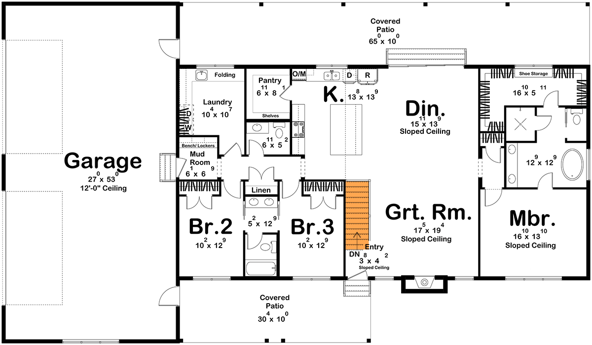 Plan 623559DJ: Modern Barndominium House Plan: 3 Beds, 4-Car Garage, Expansive Porches - Floor Plan - Main Level - Basement Stairs Location - Barndominium, Contemporary