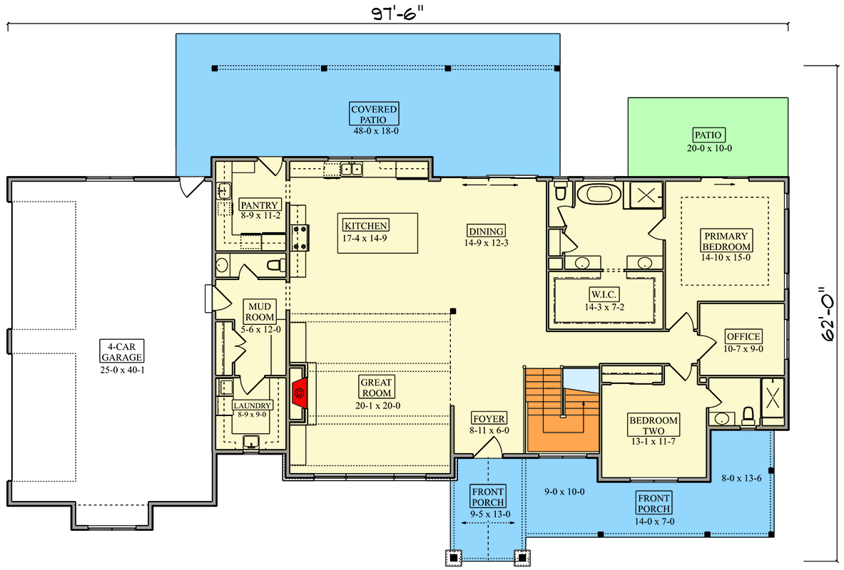 Plan 95323RW: Hill Country Modern House Plan with 4-Car Garage and Main-Level Master - Floor Plan - Main Level - Hill Country, Modern, Mountain