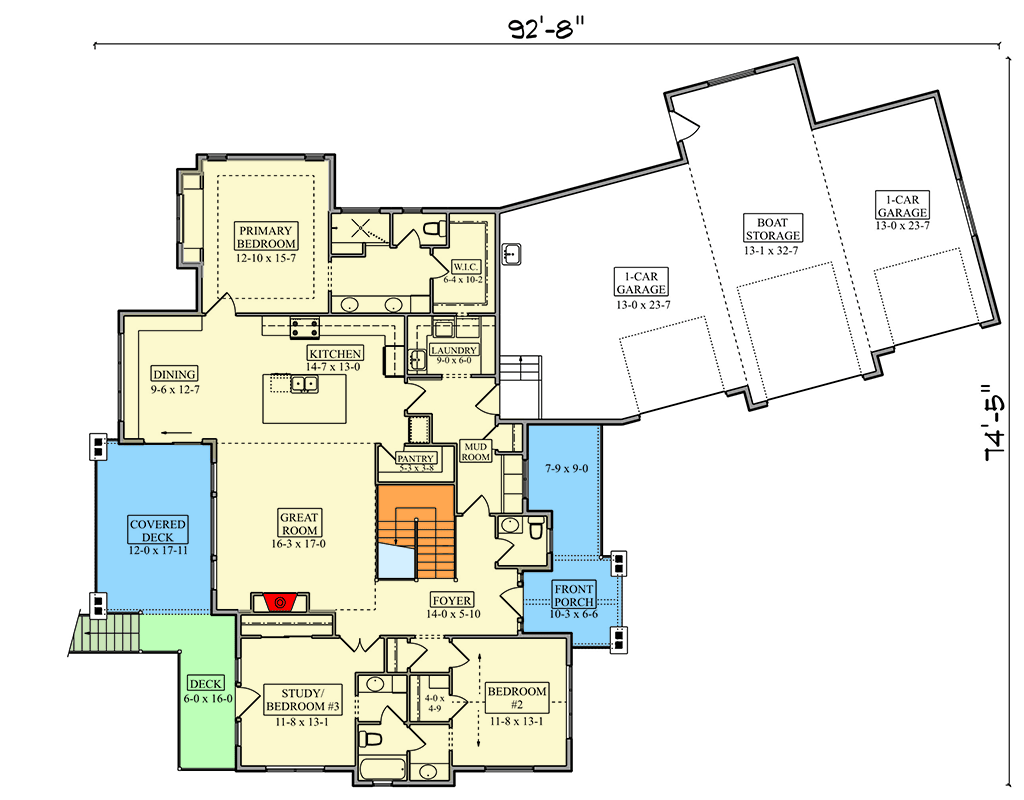 Plan 95328RW: Craftsman Mountain Ranch House Plan: Split Bedrooms and RV Garage - Floor Plan - Main Level - Craftsman, Mountain, Ranch