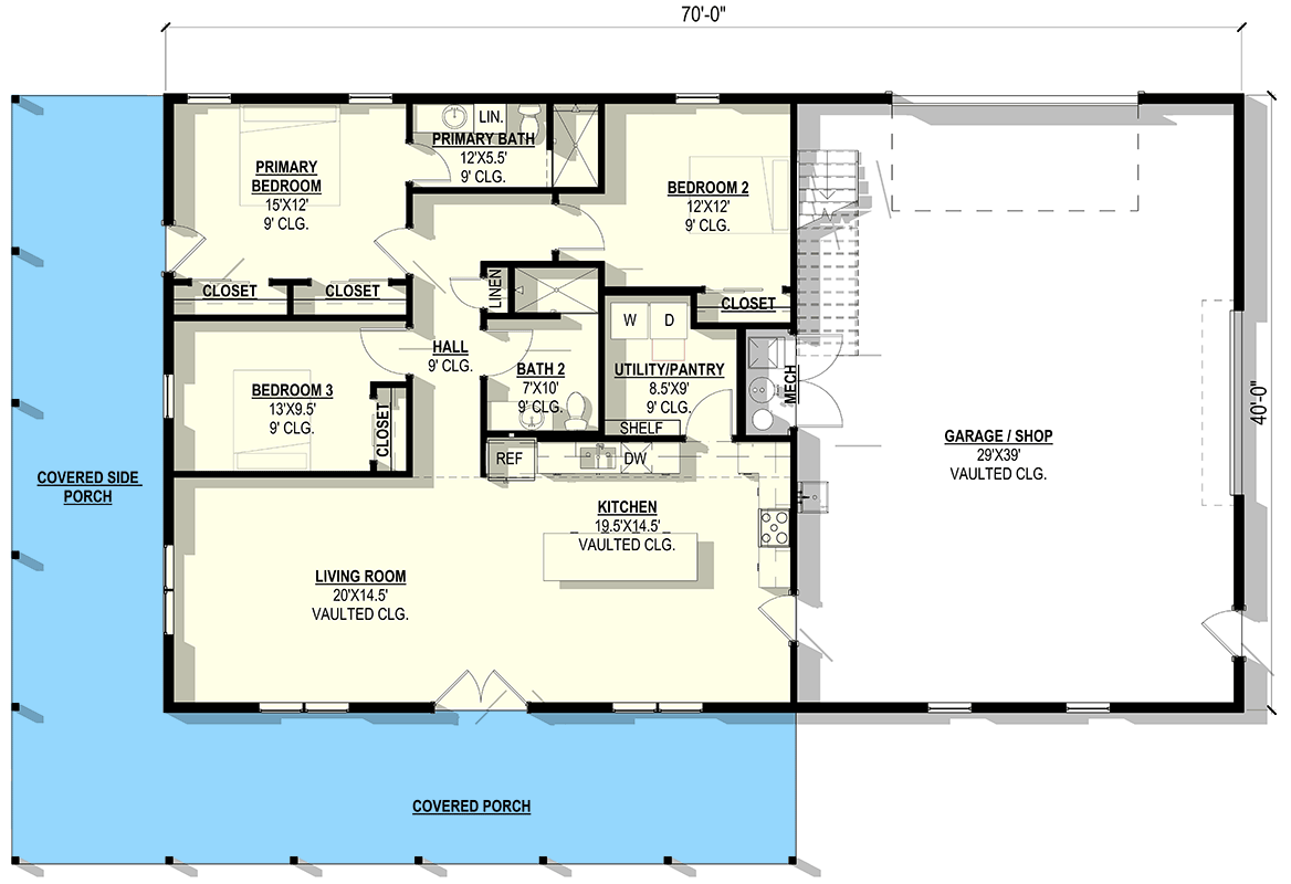 Plan 405050FDC: Modern Barndominium House Plan: Vaulted Living, Wrap-Around Porch, 3-Car Shop - Floor Plan - Main Level - Barndominium