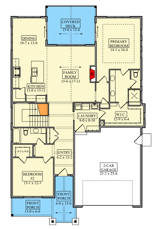 Plan 95329RW: Ranch House with Family Room and Optional Finished Lower Level - Floor Plan - Main Level - Craftsman, Mountain, Ranch