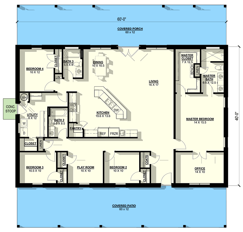 Plan 405051FDC: Modern Barndominium House Plan with 4 Beds, Home Office and Covered Porches - Floor Plan - Main Level - Barndominium