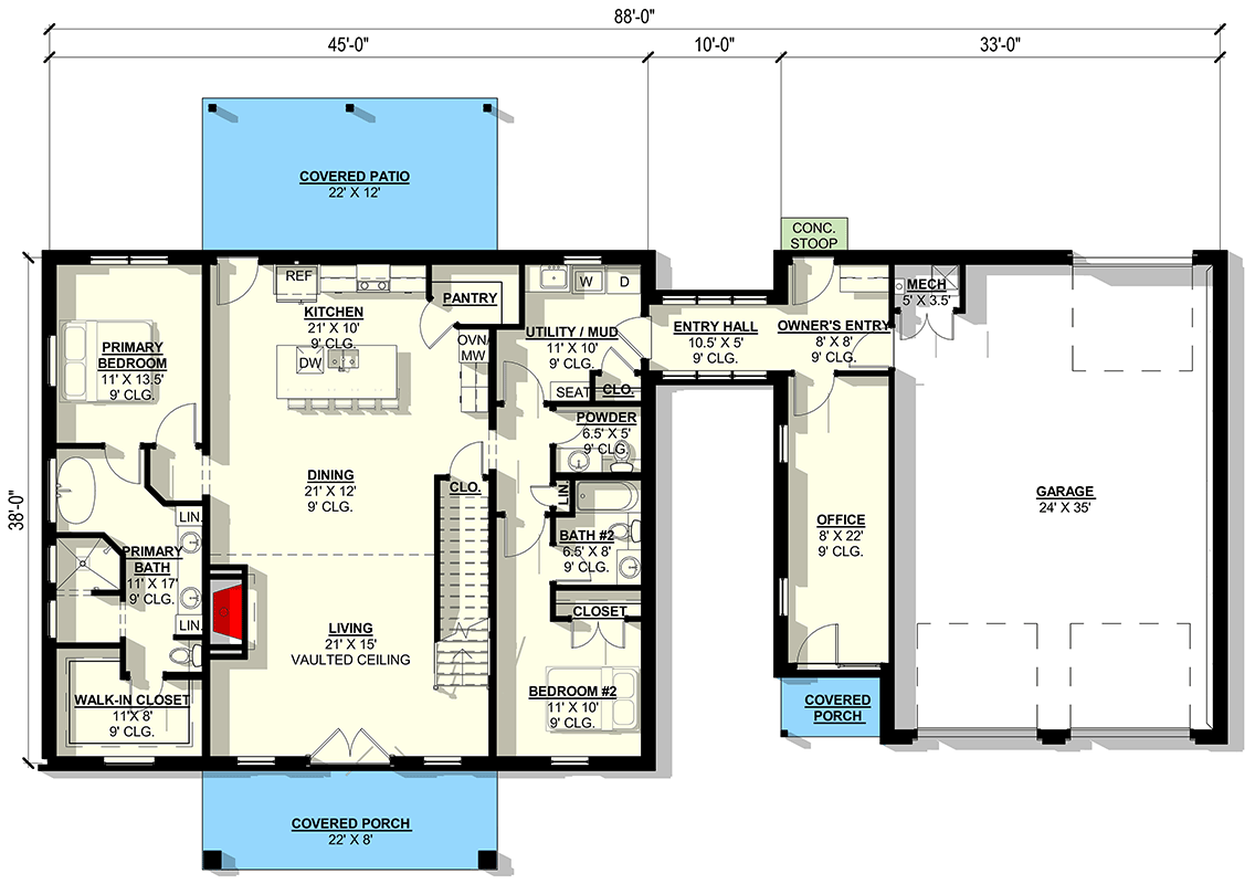Plan 405053FDC: Vaulted Living Farmhouse House Plan with Loft and 3 Car Garage - Floor Plan - Main Level - Farmhouse