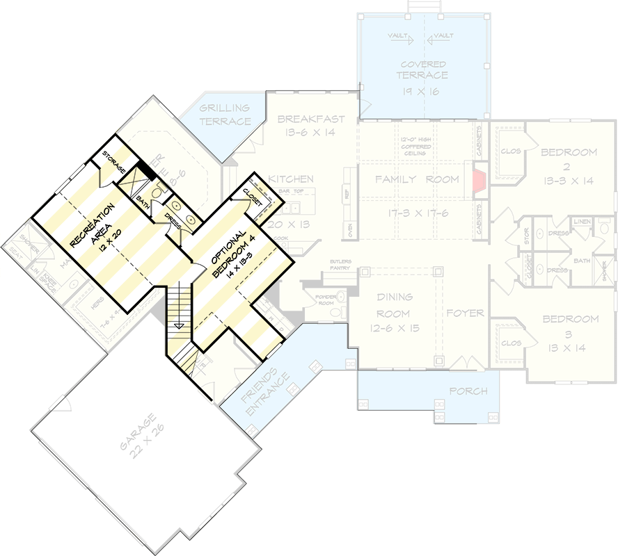 Plan 360124DK: Craftsman Mountain House Plan with Master on Main and Butler Pantry - Floor Plan - Optionally Finished Bonus Level - Craftsman, Mountain, Traditional