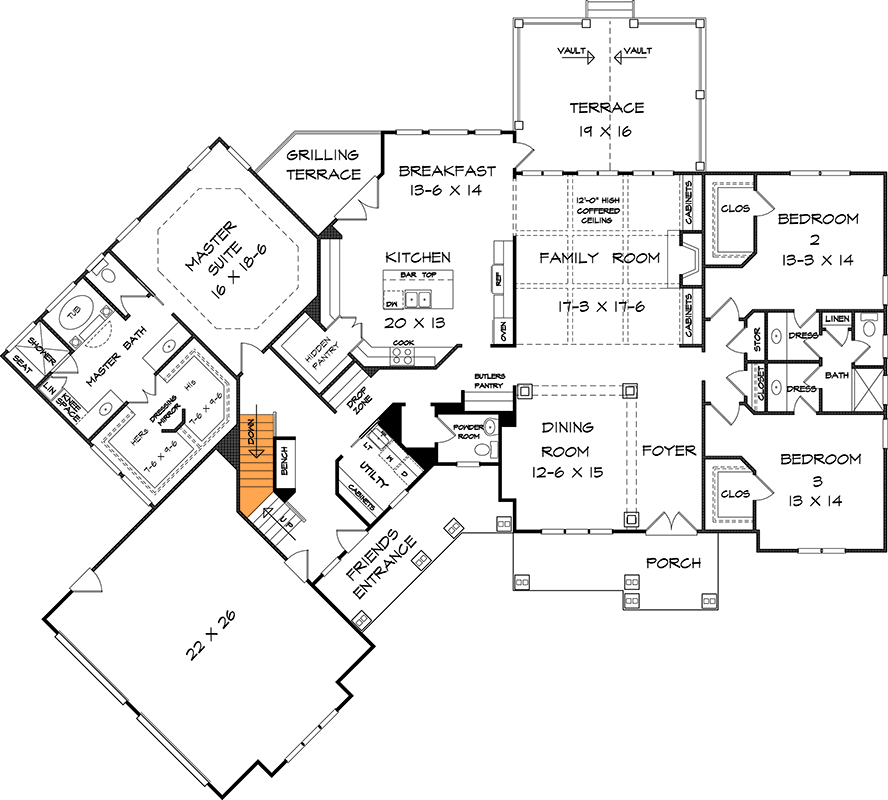 Plan 360124DK: Craftsman Mountain House Plan with Master on Main and Butler Pantry - Floor Plan - Basement Stairs Location - Craftsman, Mountain, Traditional