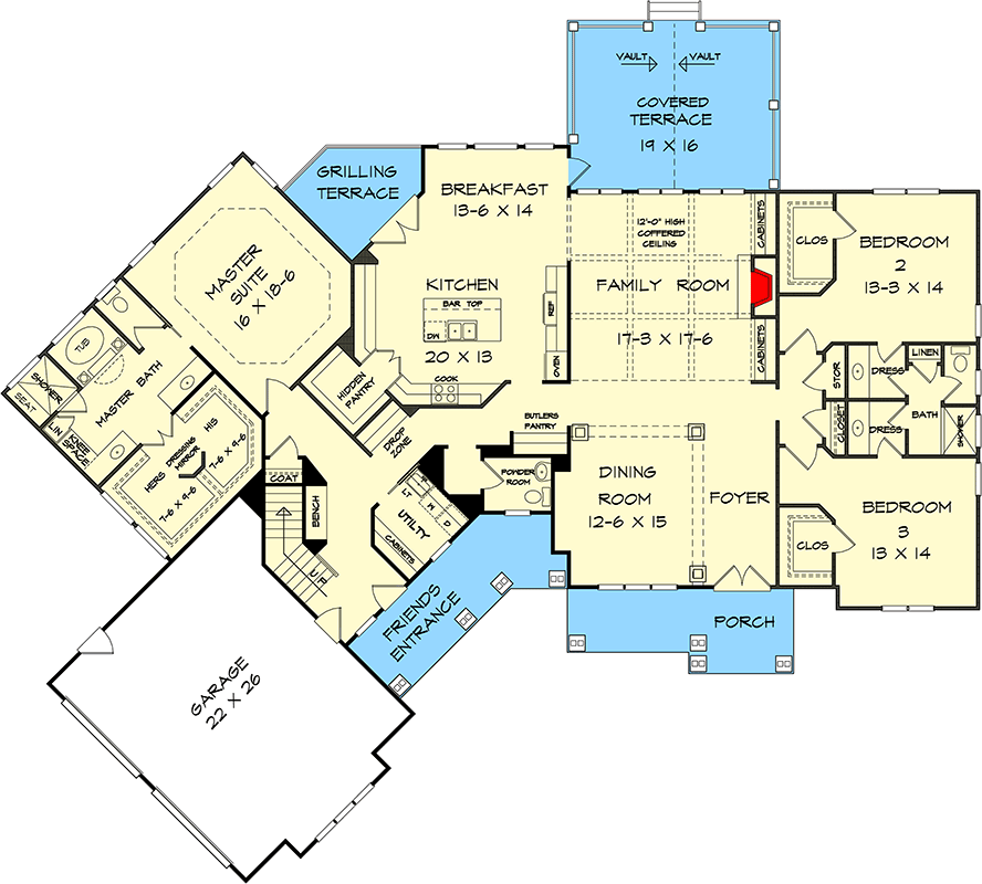Plan 360124DK: Craftsman Mountain House Plan with Master on Main and Butler Pantry - Floor Plan - Main Level - Craftsman, Mountain, Traditional