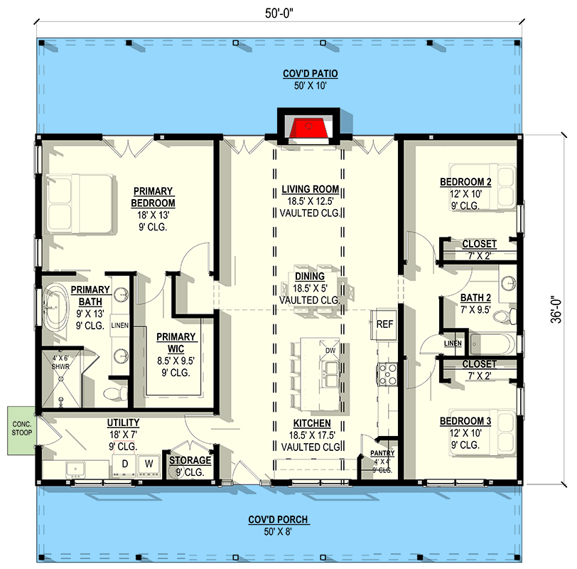 3 Bed Barndominium House Plan with Split Bedrooms and Vaulted Living - 405063FDC floor plan - Main Level