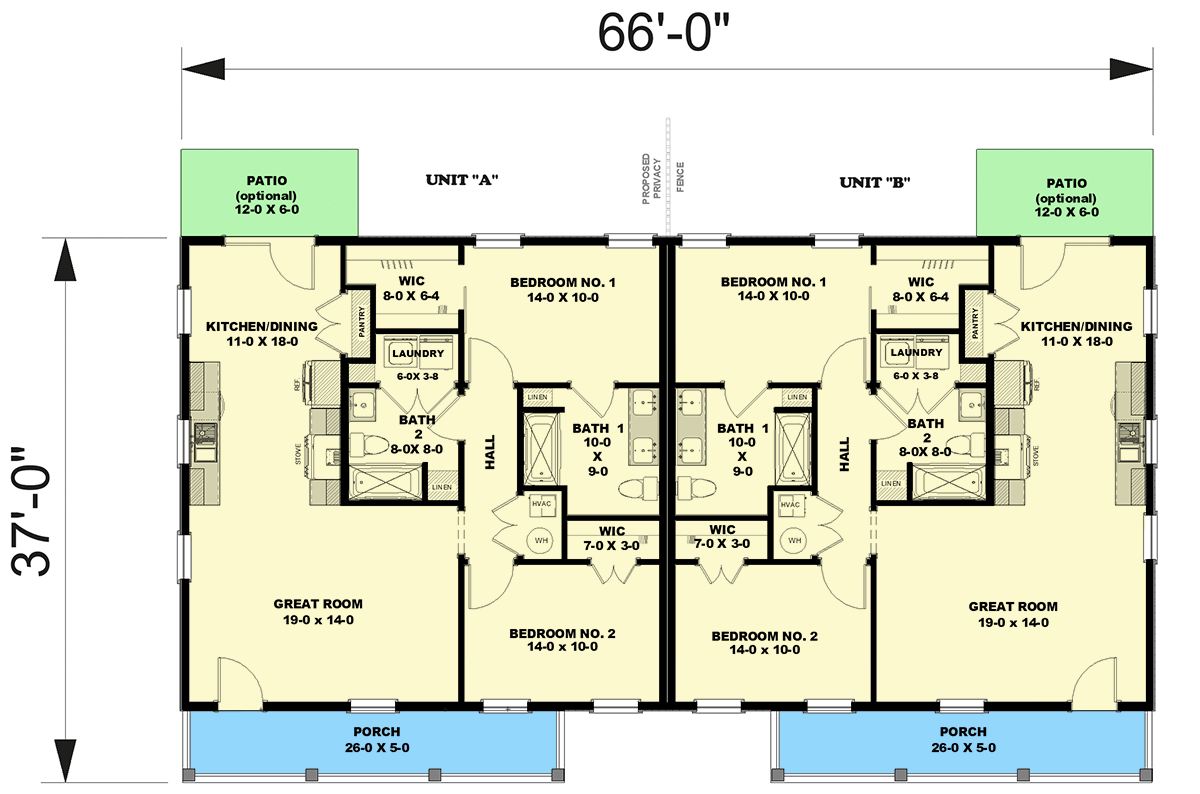 Plan 25072DH: Modern Farmhouse Duplex House Plan with 2-Bed and 2-Bath Units - Floor Plan - Main Level - Cottage, Country, Farmhouse, Modern Farmhouse, Ranch