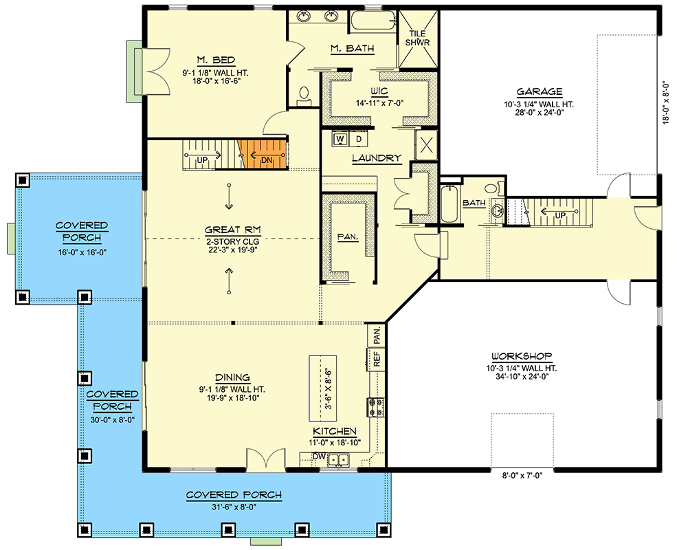 Plan 135388GRA: Spacious Barndominium with Workshop and Wraparound Porch - Floor Plan - Main Level - Barndominium