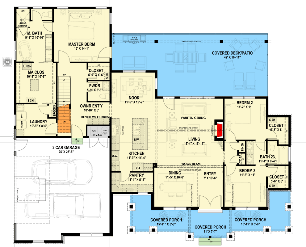 Plan 64559SC: Modern House Plan with Grand Porches, First-Floor Master, and Entertainment Lower Level - Floor Plan - Main Level - Modern, Mountain, Ranch