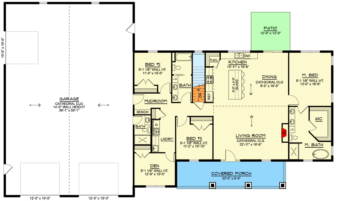 Plan 135390GRA: Modern Country Barndominium House Plan with Split Beds and Workshop Garage - Floor Plan - Main Level - Barndominium, Country