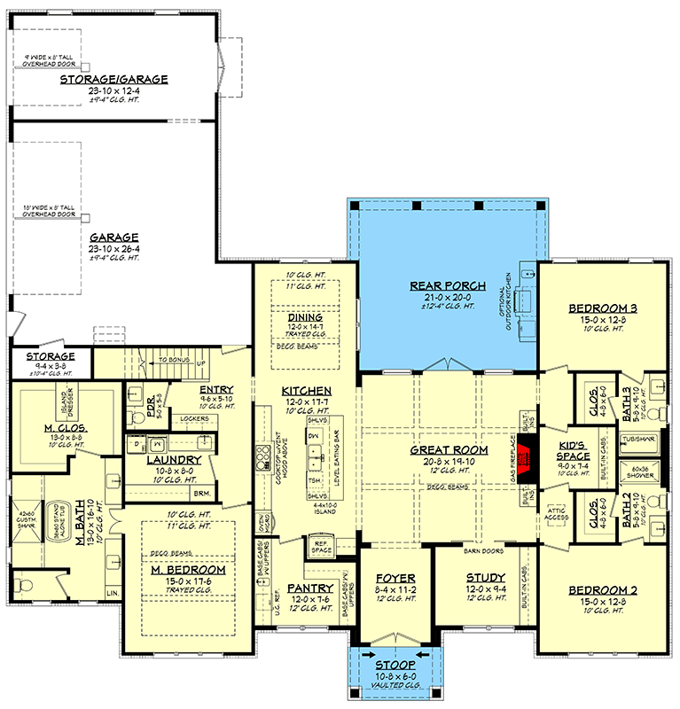 Plan 52017HZ: Southern Modern Farmhouse House Plan with 3 Beds, 3-Car Garage, and Flexible Bonus - Floor Plan - Main Level - Country, Farmhouse, Modern Farmhouse, Southern