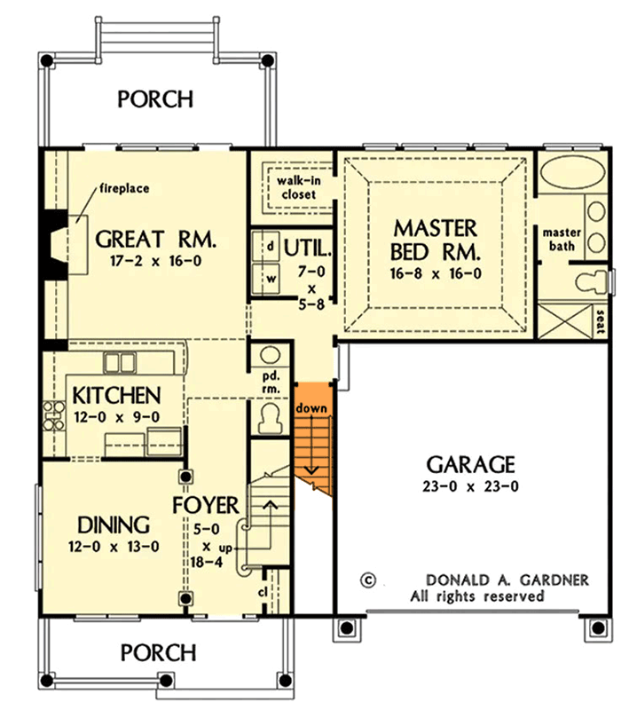 Plan 444441GDN: Charming 3-Bed Cottage House Plan with Master on Main and Two-Story Great Room - Floor Plan - Basement Stairs Location - Cottage, Country, Traditional