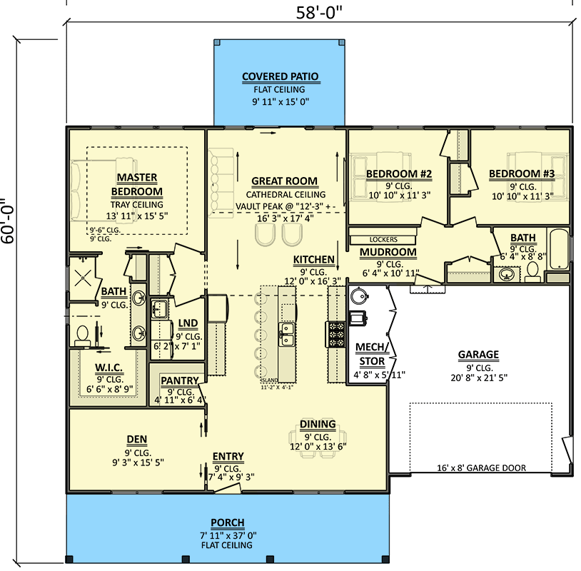 Plan 911064JVD: Modern Farmhouse House Plan: 3 Beds, Den, Split Design, Covered Porch - Floor Plan - Main Level - Country, Farmhouse