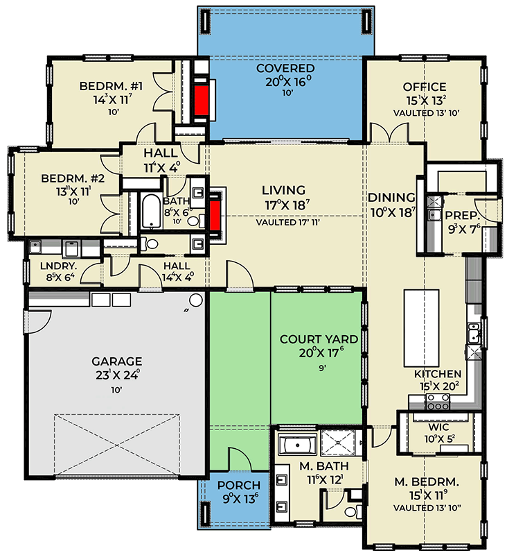 Plan 280252JWD: Contemporary House Plan with Central Courtyard and Home Office - Floor Plan - Main Level - Contemporary, Modern