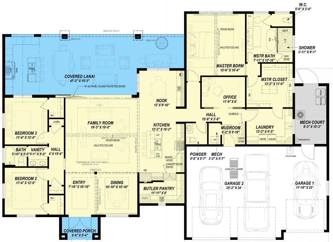 Plan 64558SC: Contemporary Mediterranean House Plan with Expansive Lanai, Outdoor Kitchen, and 3-Car Garage - Floor Plan - Main Level - Contemporary, Florida-Style, Mediterranean