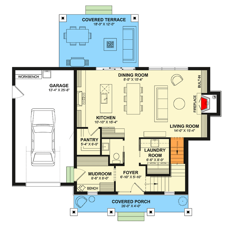 Plan 22704DR: Three-Bed Farmhouse Plan with Main-Level Laundry - Floor Plan - Main Level - Cottage, Farmhouse