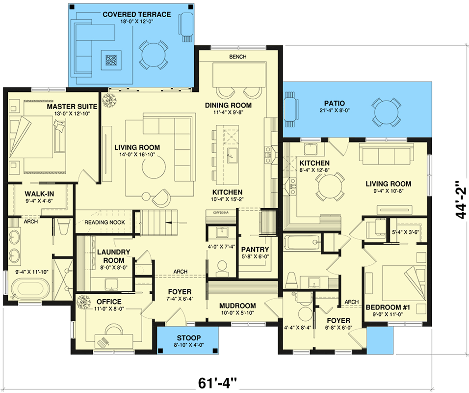 Plan 22706DR: Modern Farmhouse House Plan with In-Law Suite and Covered Patio - Floor Plan - Main Level - Craftsman, Farmhouse, New American