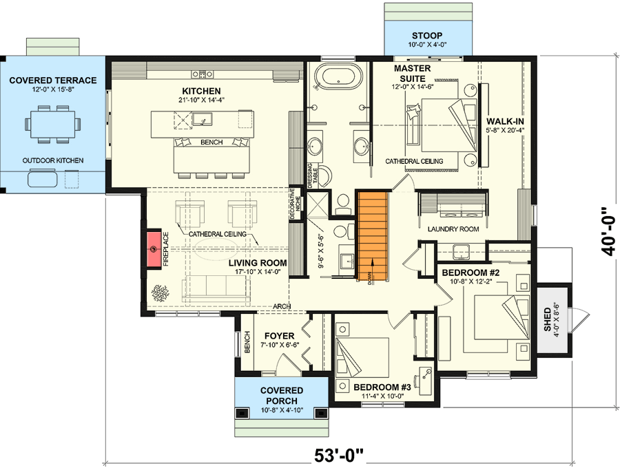 Plan 22712DR: Modern Transitional Ranch House Plan with 3 Beds and Outdoor Kitchen - Floor Plan - Basement Stairs Location - Contemporary, European, Ranch, Transitional