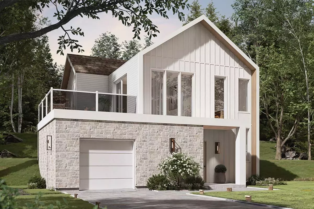 Modern Scandinavian 3 Bed House Plan with Walkout Garage and Outdoor Kitchen