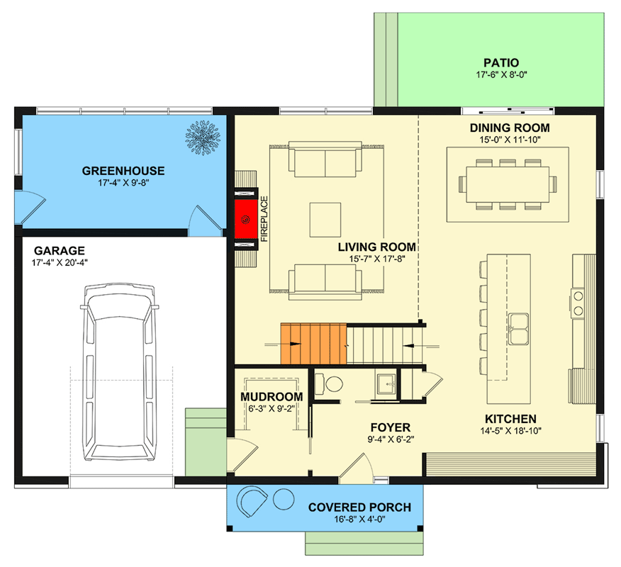 Plan 22732DR: Contemporary Modern House Plan with Upstairs Master Suite & Greenhouse - Floor Plan - Main Level - Contemporary, Modern