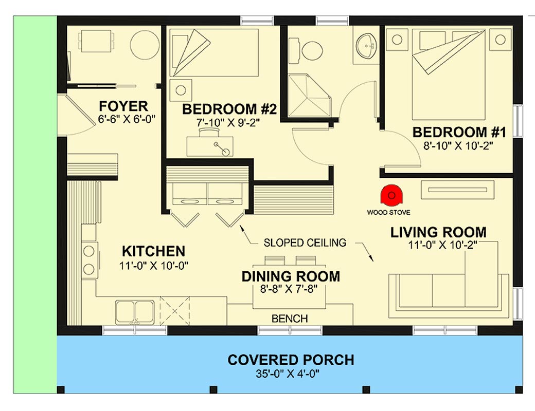 Plan 22736DR: Compact 2-Bedroom Modern House Plan with Inviting Covered Porch - Floor Plan - Main Level - Cabin, Cottage, Modern, Mountain, Northwest, Vacation