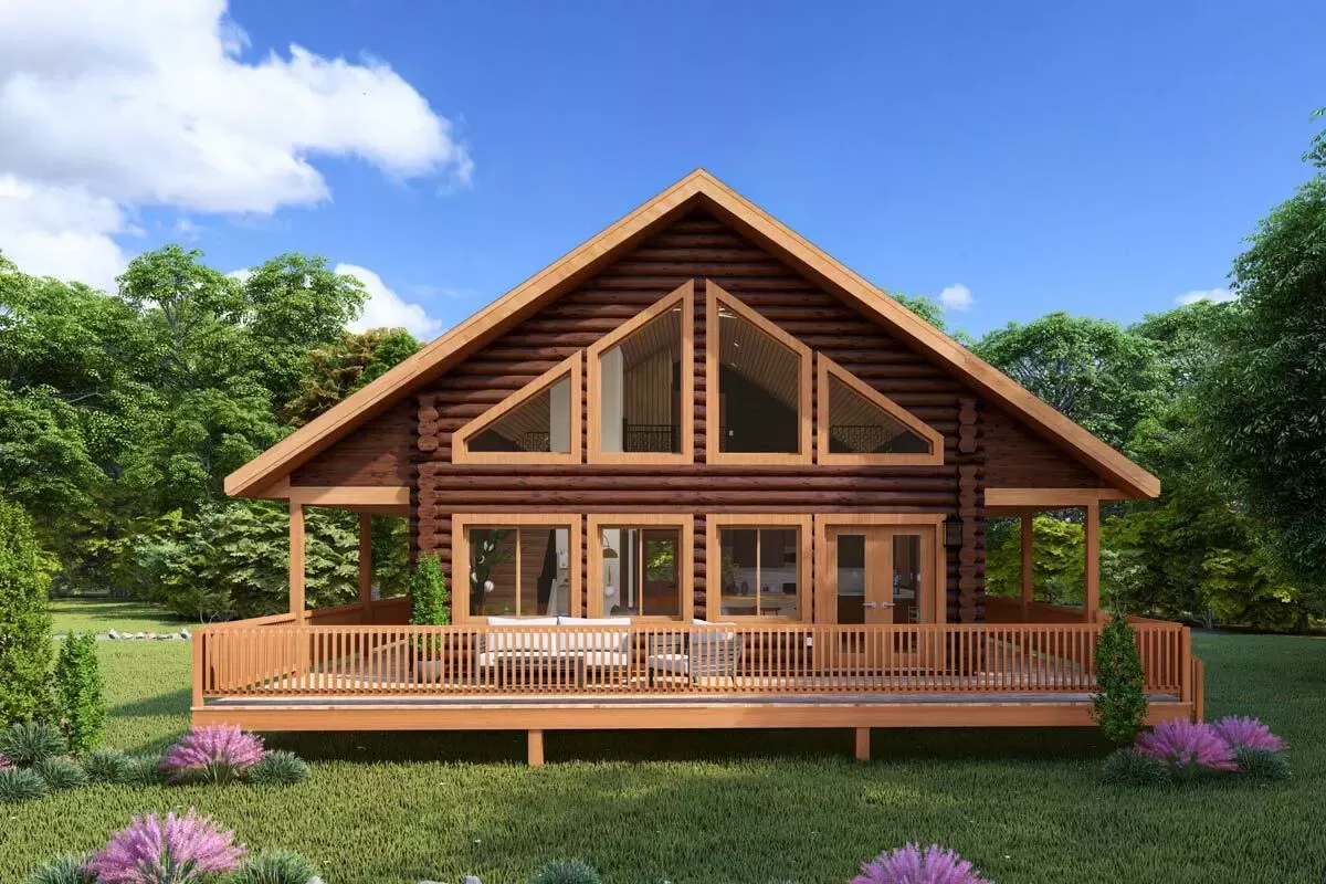 Rustic Log Cabin House Plan with Loft and Two-Story Great Room