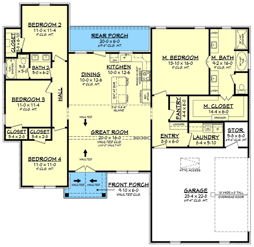 Plan 52018HZ: New American 4 Bed House Plan with Split Suites and Butler Pantry - Floor Plan - Main Level - Craftsman, New American, Ranch, Traditional