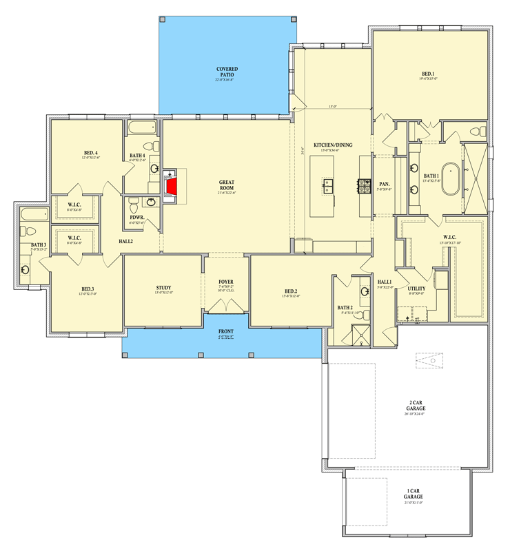 Plan 440042PWL: New American House Plan: 4 Beds, Study, Butler Pantry, 3-Car Garage - Floor Plan - Main Level - Modern Farmhouse, New American, Traditional