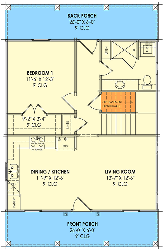 Plan 818179JSS: Cozy 2-Bed Mountain Cabin House Plan with Covered Porches - Floor Plan - Main Level - Cabin, Mountain