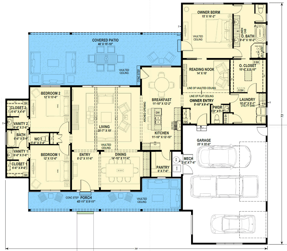 Plan 64561SC: Modern 3-Bedroom House Plan with Covered Patio and 3-Car Garage 2589 Sq Ft - Floor Plan - Main Level - Contemporary, Mid Century Modern, Modern, Northwest, Transitional